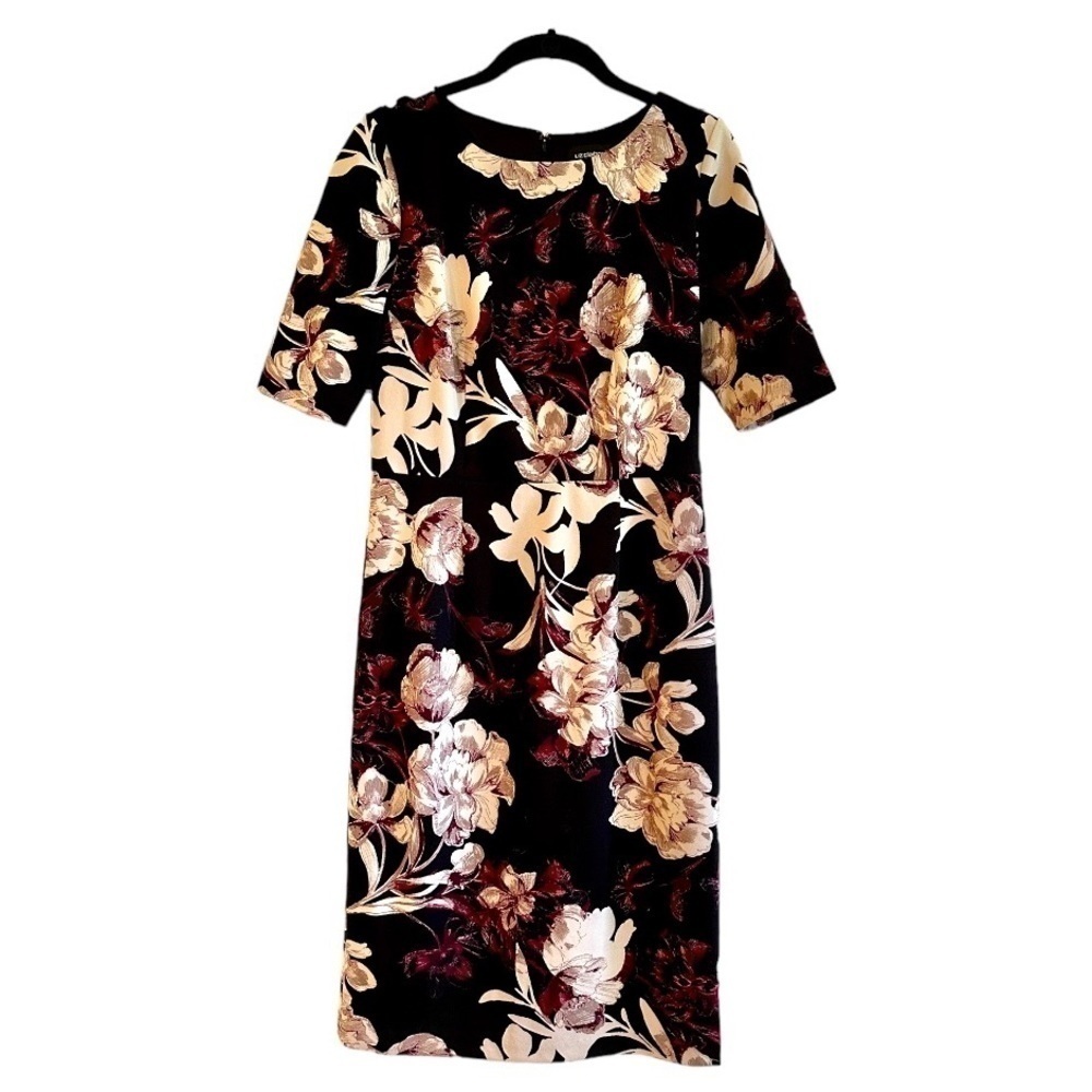 LIZ CLAIBORNE, BLACK FLORAL PENCIL DRESS IN STRETCHY POLYESTER/SPANDEX. SIZE 4